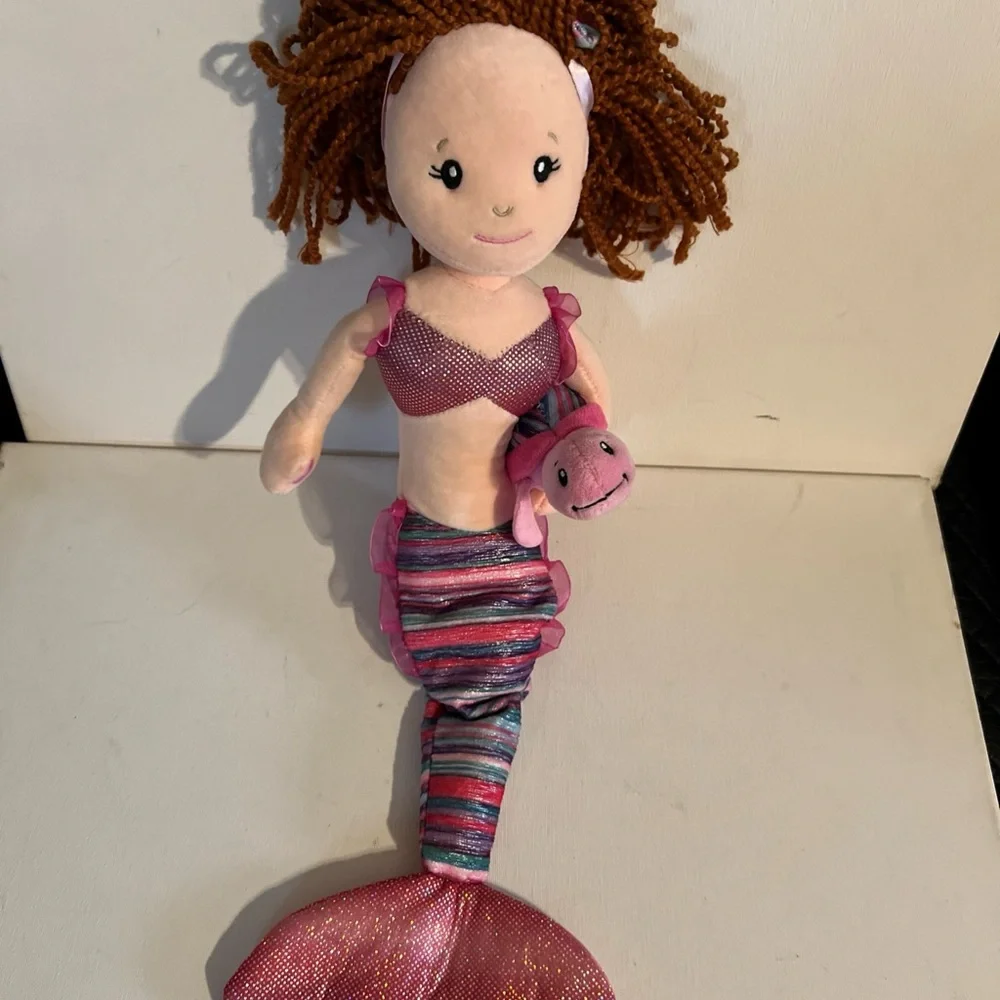 The Petting Zoo Pink Fin Mermaid Brown Skin Brunette Hair Turtle Pet Plush 17 “